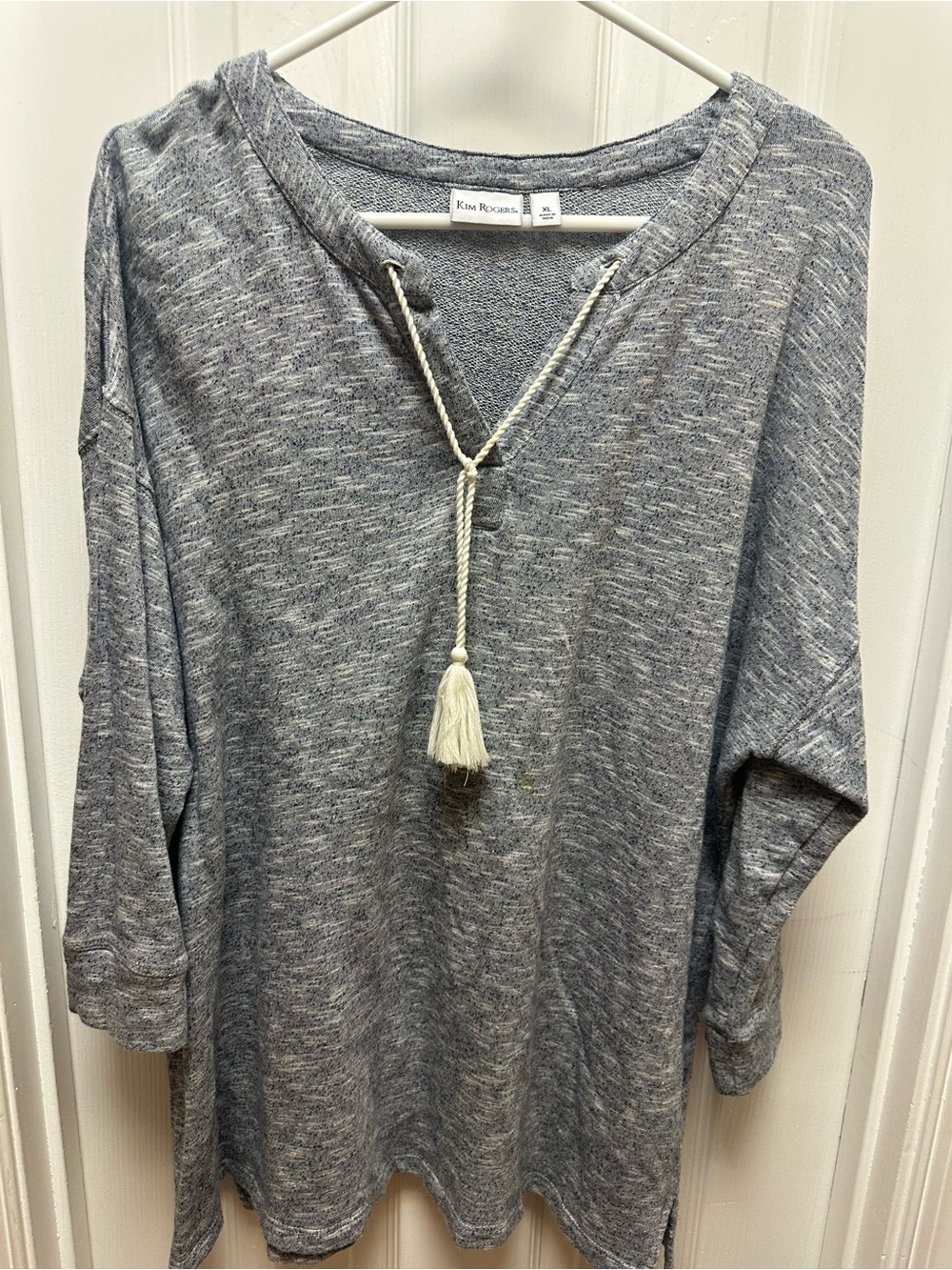 Kim Rogers Heather Gray V-Neck Pullover with Tassel Tie